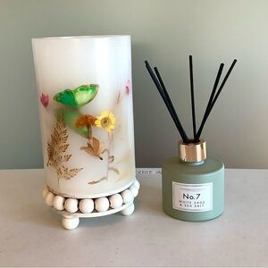 New 3 Item Bundle Flamless Candle on Wood Pedestal + Reed Diffuser